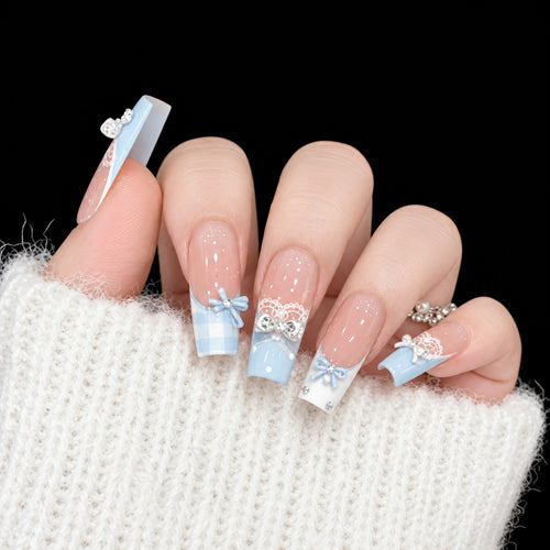 Blue Bow Pink Jelly 3D Crystal Press-On Nails 10 pcs