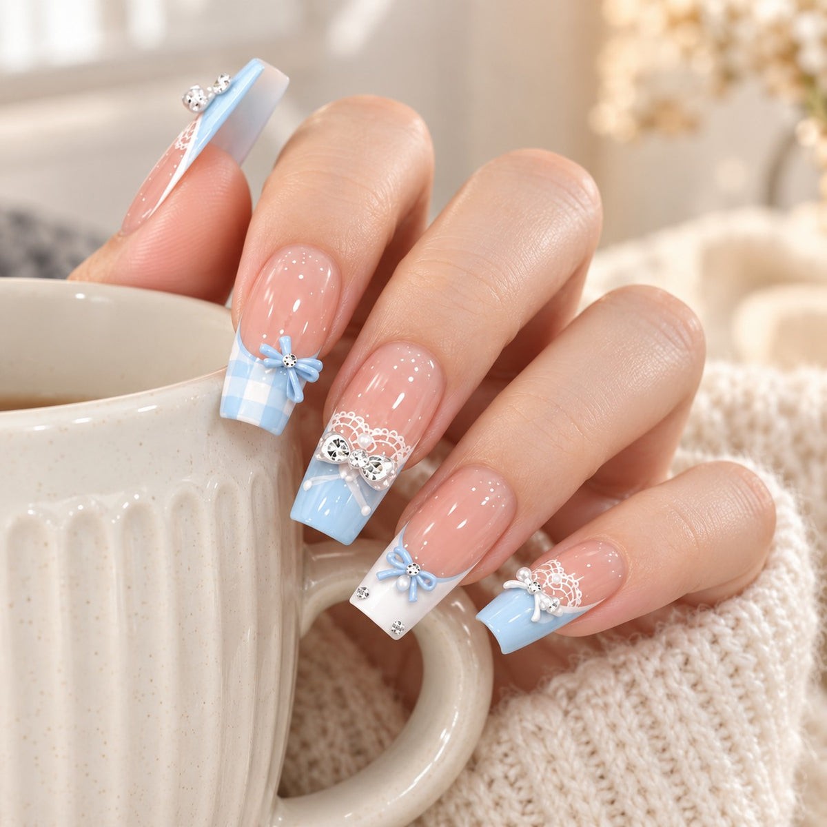 Blue Bow Pink Jelly 3D Crystal Press-On Nails 10 pcs - view 4