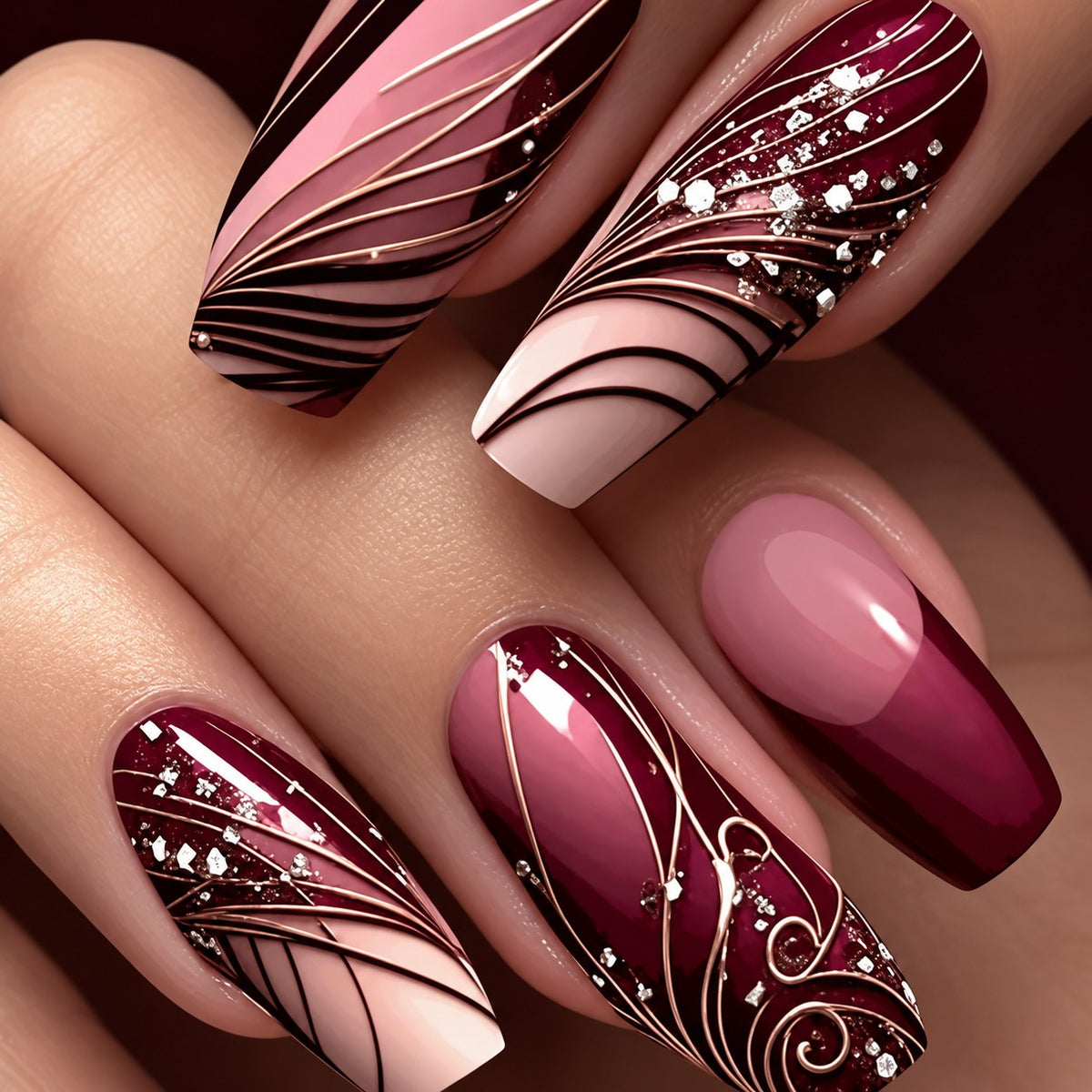 Burgundy French Line Art 3D Glitter Press-On Nails 24 pcs