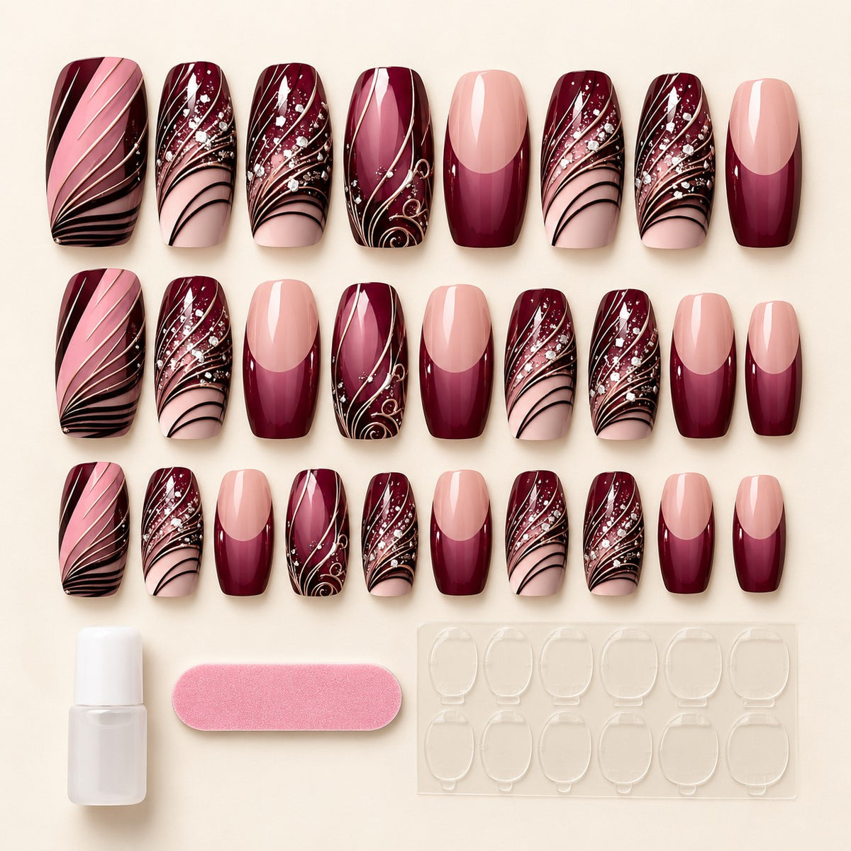 Burgundy French Line Art 3D Glitter Press-On Nails 24 pcs - view 3