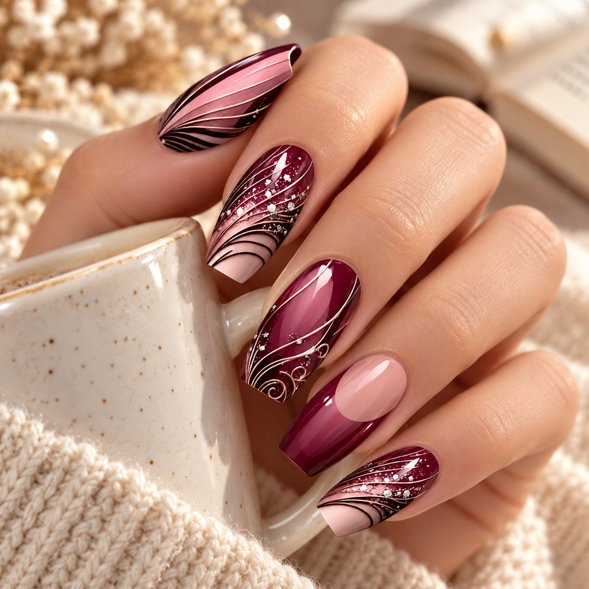 Burgundy French Line Art 3D Glitter Press-On Nails 24 pcs - view 4