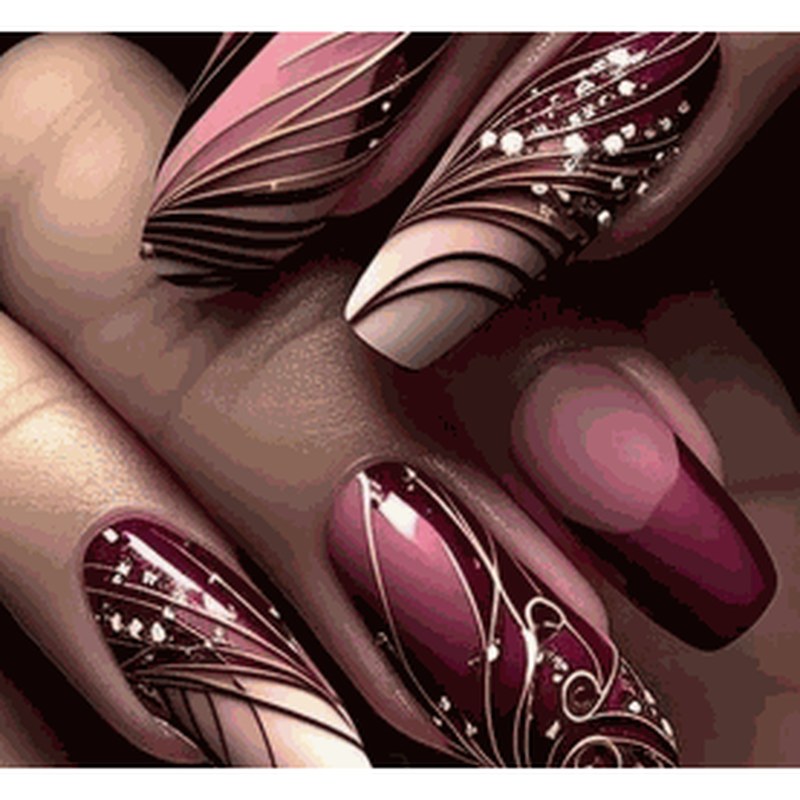 Burgundy French Line Art 3D Glitter Press-On Nails 24 pcs - view 2