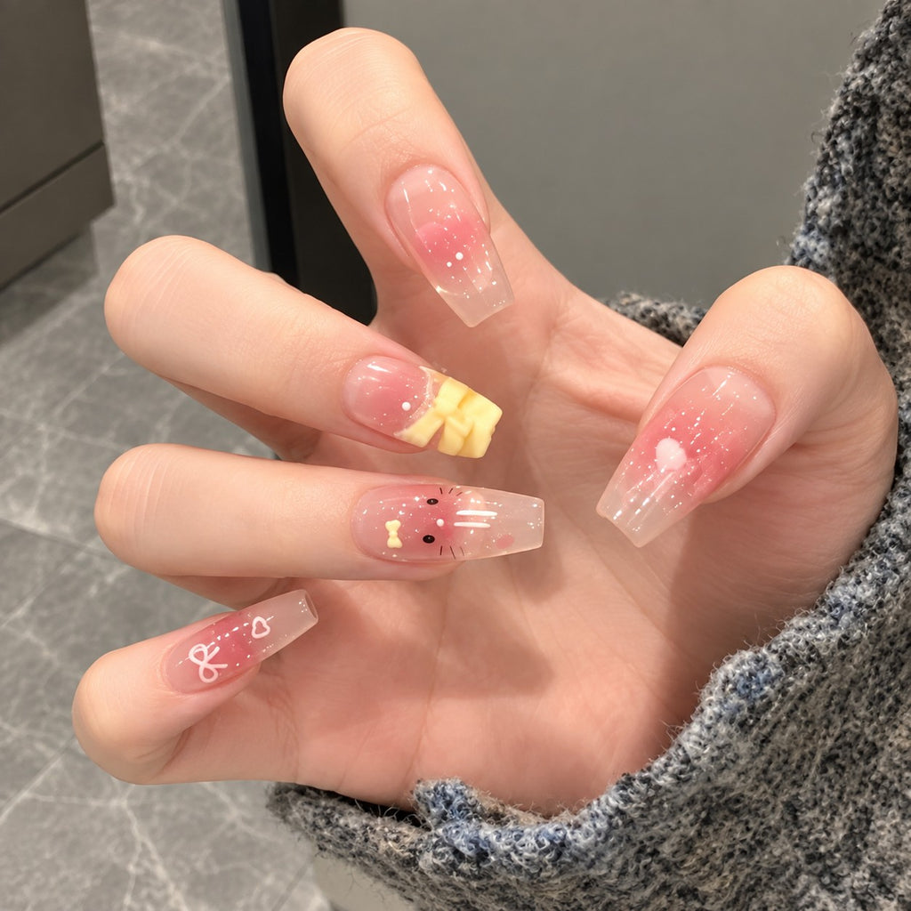 Butter Kitty Pink-Yellow Jelly Glow Press-On Nails 10 pcs