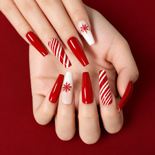 Candy Cane Red & White Long Press-On Nails 24 pcs