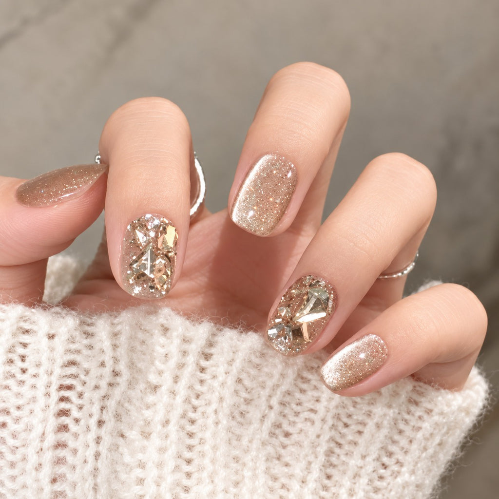 Champagne Crystal Shards 3D Glitter Press-On Nails 10 pcs