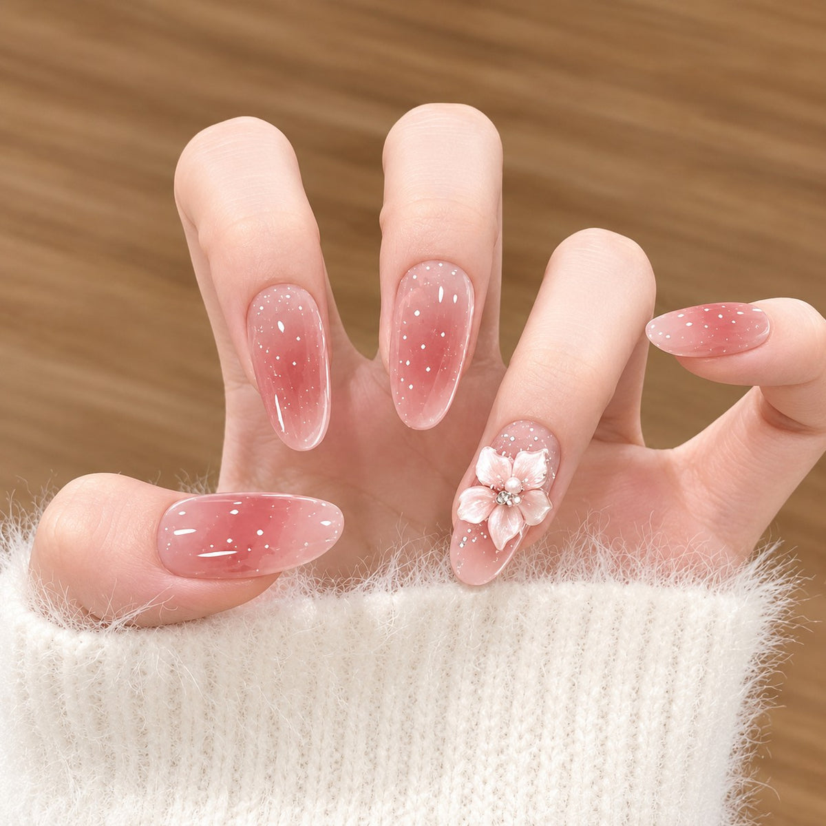 Crystal Blossom Pink Jelly 3D Floral Press-On Nails 10 pcs