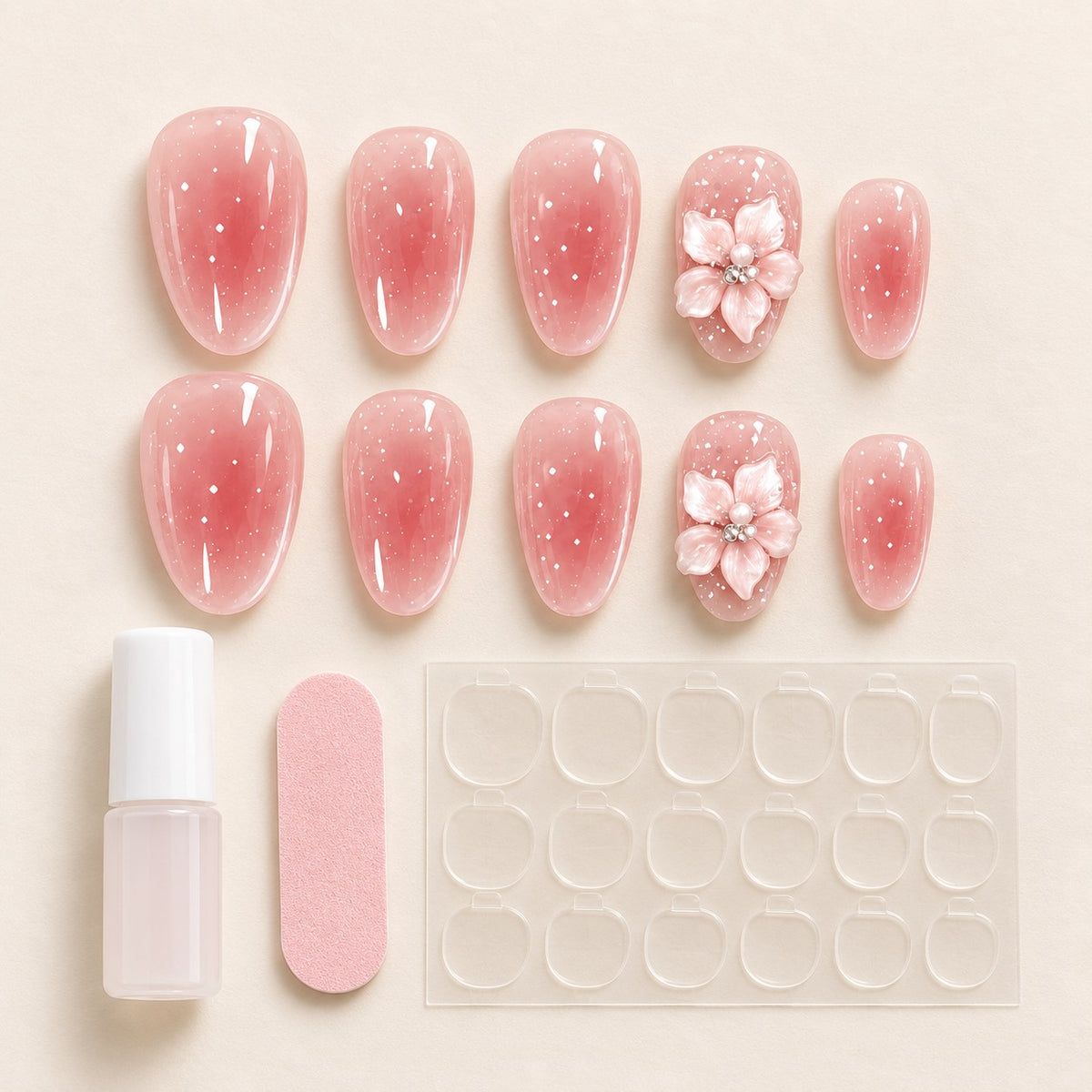 Crystal Blossom Pink Jelly 3D Floral Press-On Nails 10 pcs - view 3