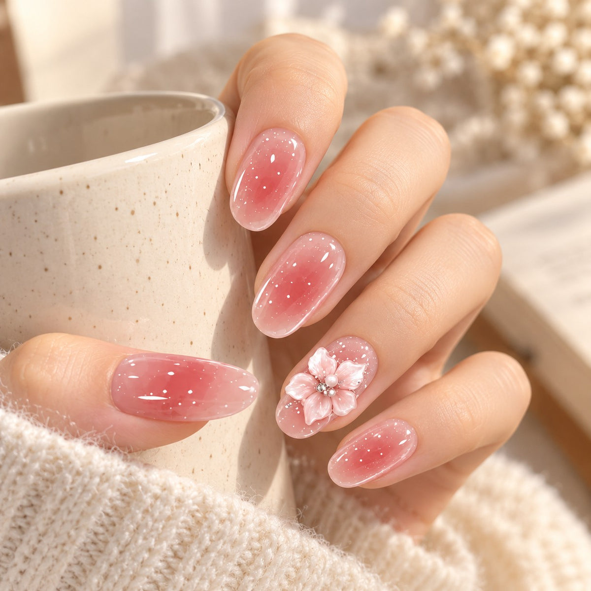 Crystal Blossom Pink Jelly 3D Floral Press-On Nails 10 pcs - view 4