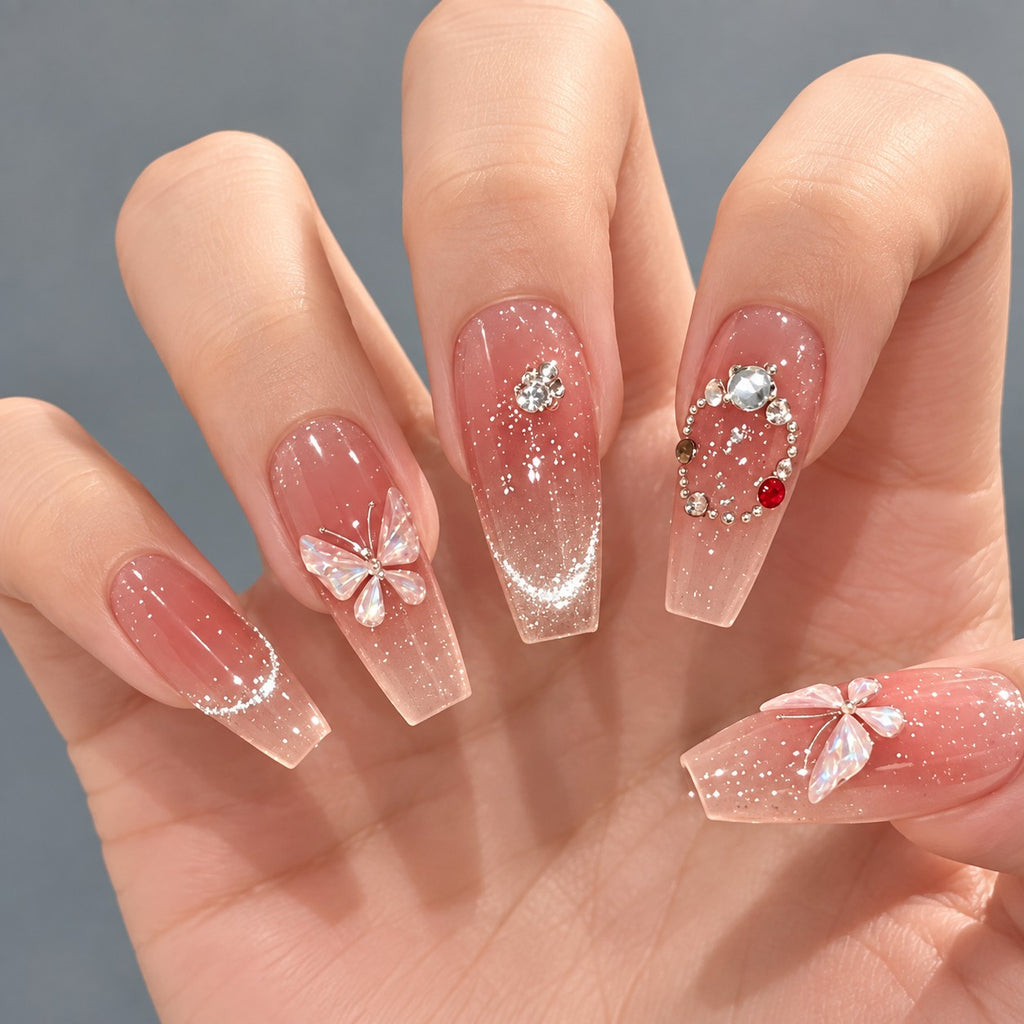 Crystal Butterfly Long Coffin Pink-Silver 3D Glitter Press-On Nails 10 pcs