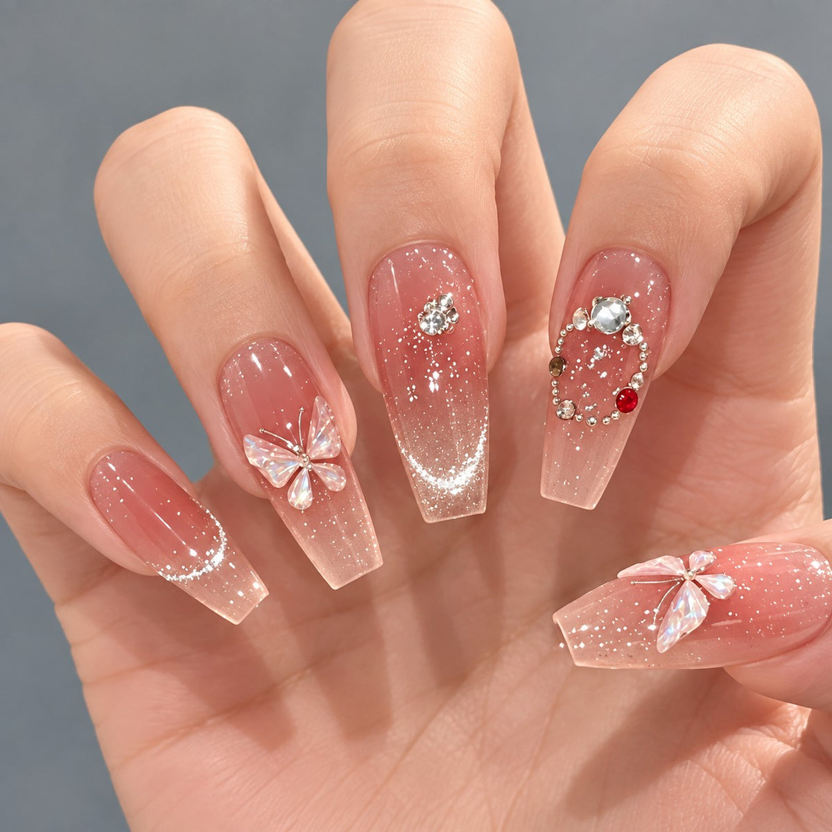 Crystal Butterfly Long Coffin Pink-Silver 3D Glitter Press-On Nails 10 pcs
