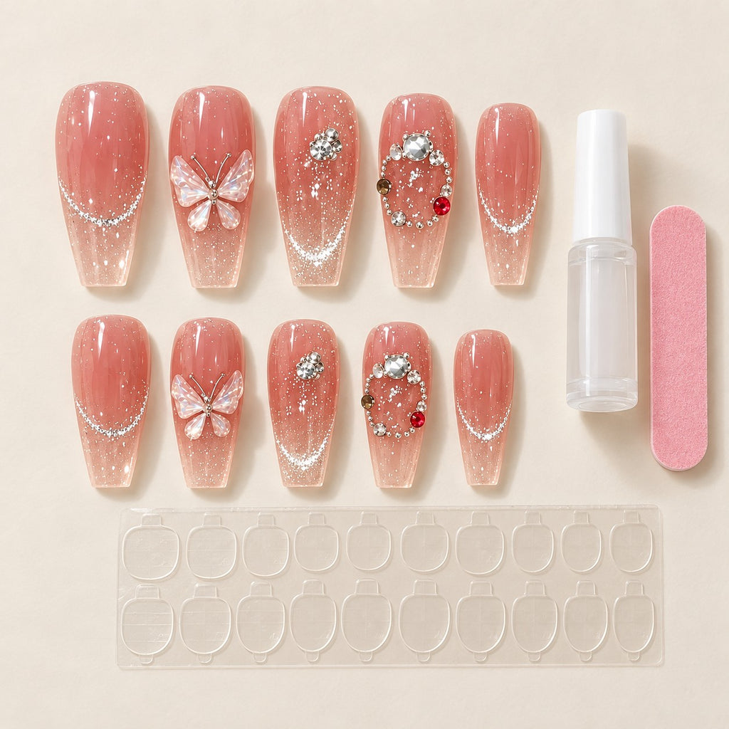 Crystal Butterfly Long Coffin Pink-Silver 3D Glitter Press-On Nails 10 pcs - view 3