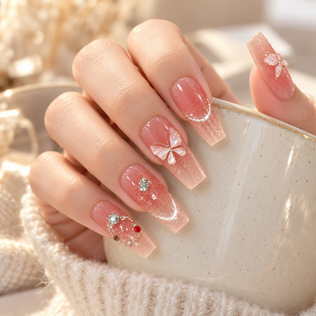 Crystal Butterfly Long Coffin Pink-Silver 3D Glitter Press-On Nails 10 pcs - view 4