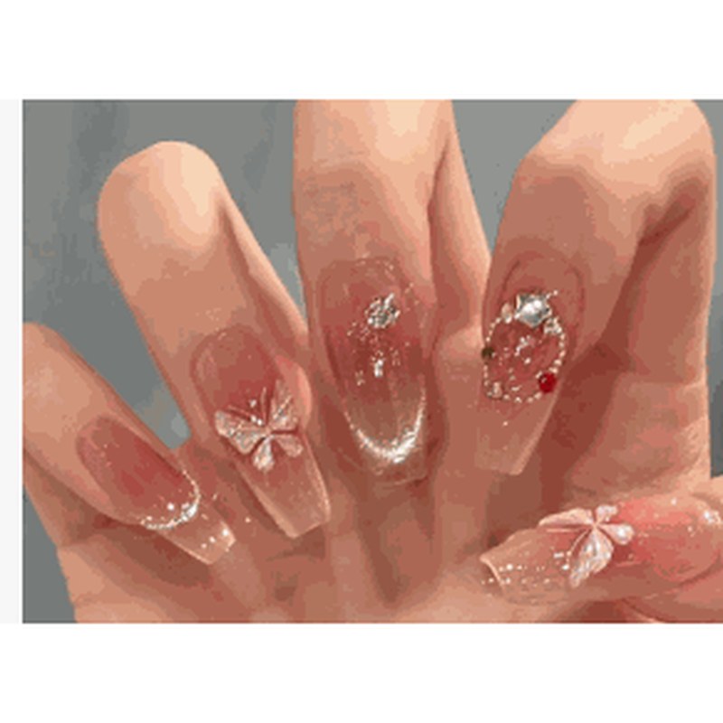 Crystal Butterfly Long Coffin Pink-Silver 3D Glitter Press-On Nails 10 pcs - view 2