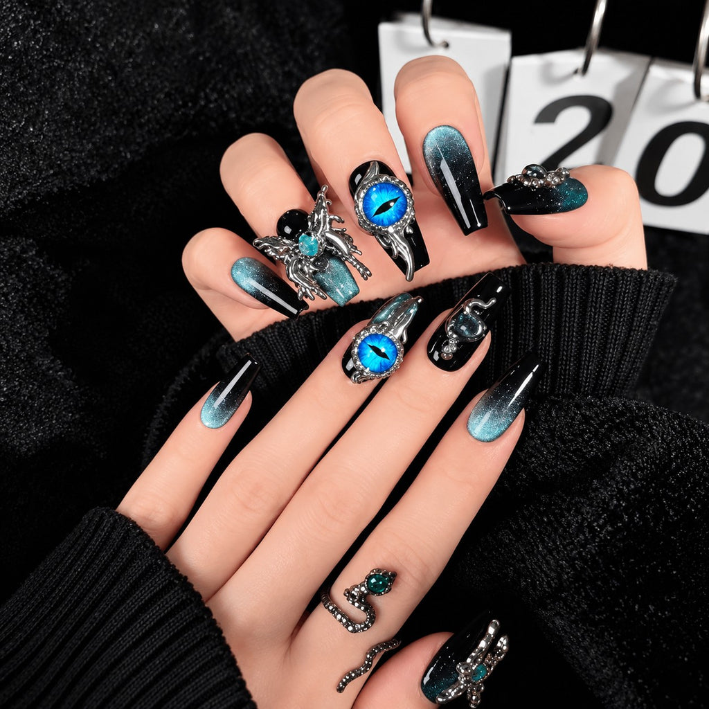 Deep Sea Eyes Medium Coffin Blue-Black 3D Glitter Press-On Nails 10 pcs