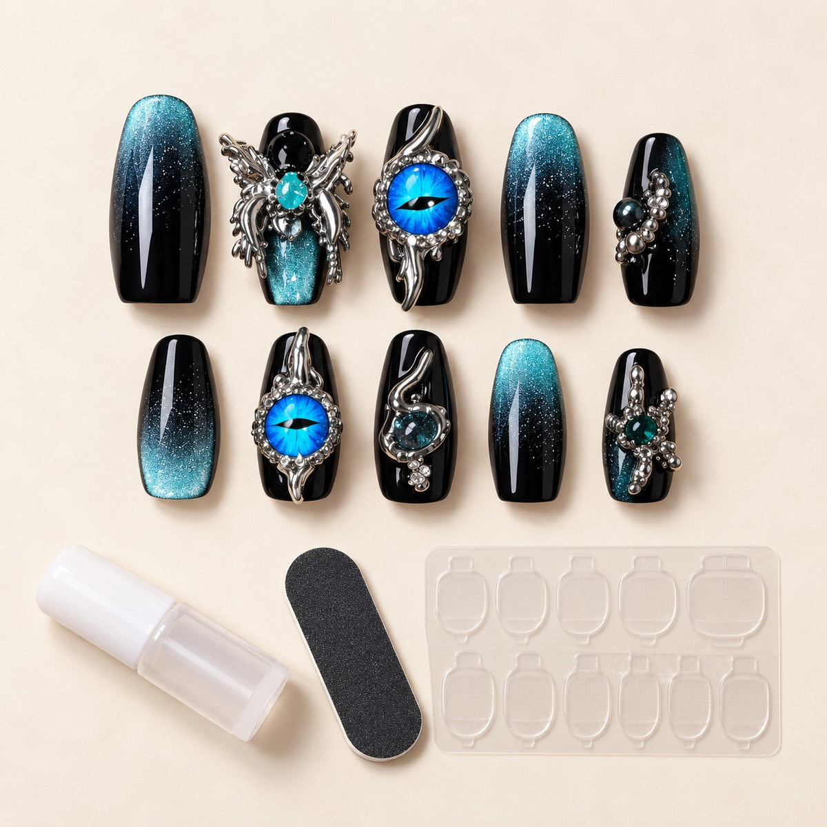 Deep Sea Eyes Medium Coffin Blue-Black 3D Glitter Press-On Nails 10 pcs - view 3