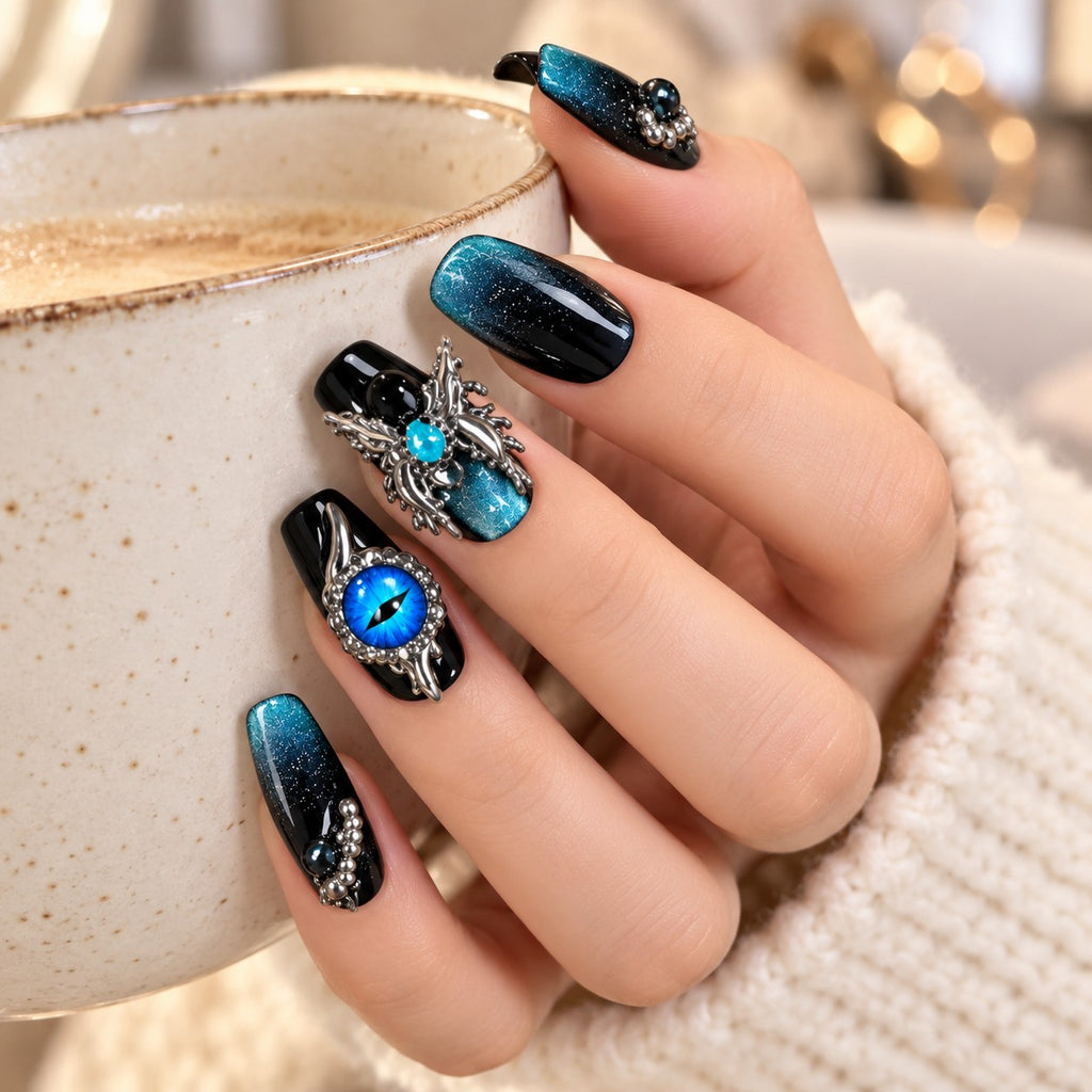 Deep Sea Eyes Medium Coffin Blue-Black 3D Glitter Press-On Nails 10 pcs - view 4