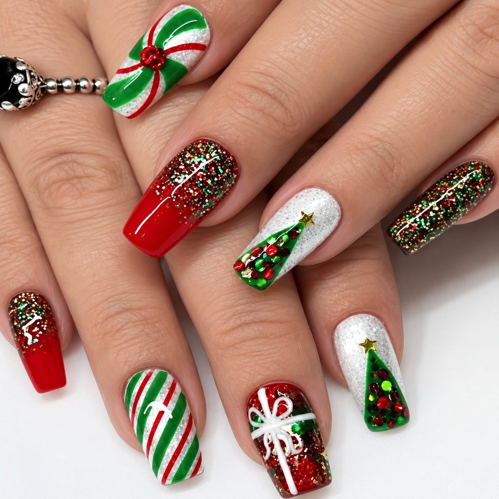 Festive Red & Emerald Glow Press-On Nails 24 pcs