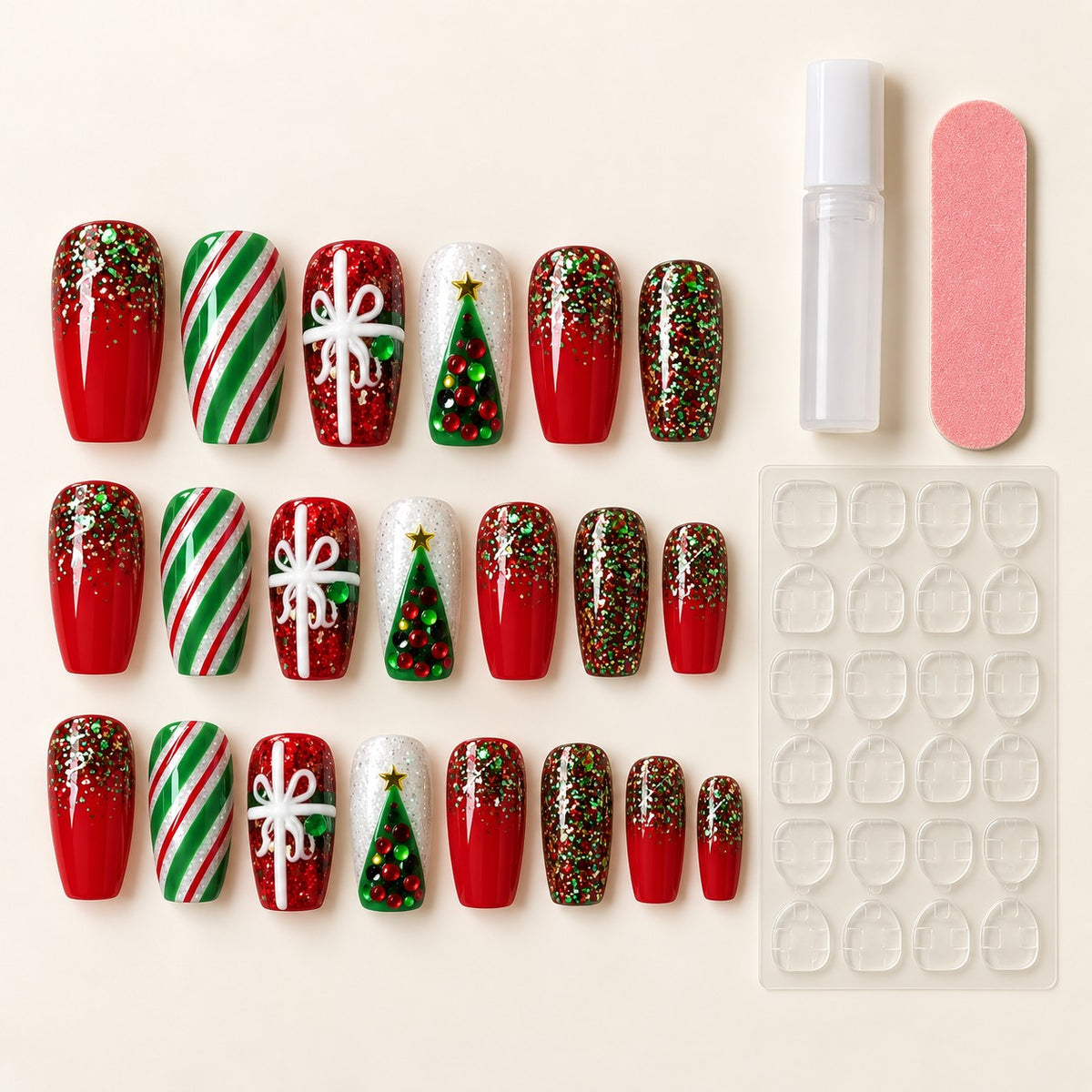 Festive Red & Emerald Glow Press-On Nails 24 pcs - view 3