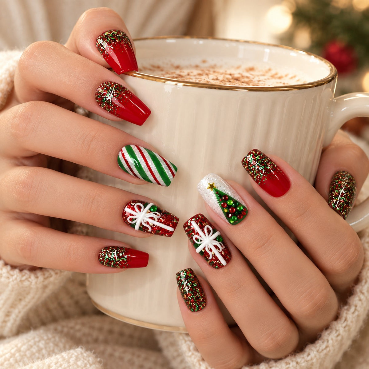 Festive Red & Emerald Glow Press-On Nails 24 pcs - view 4