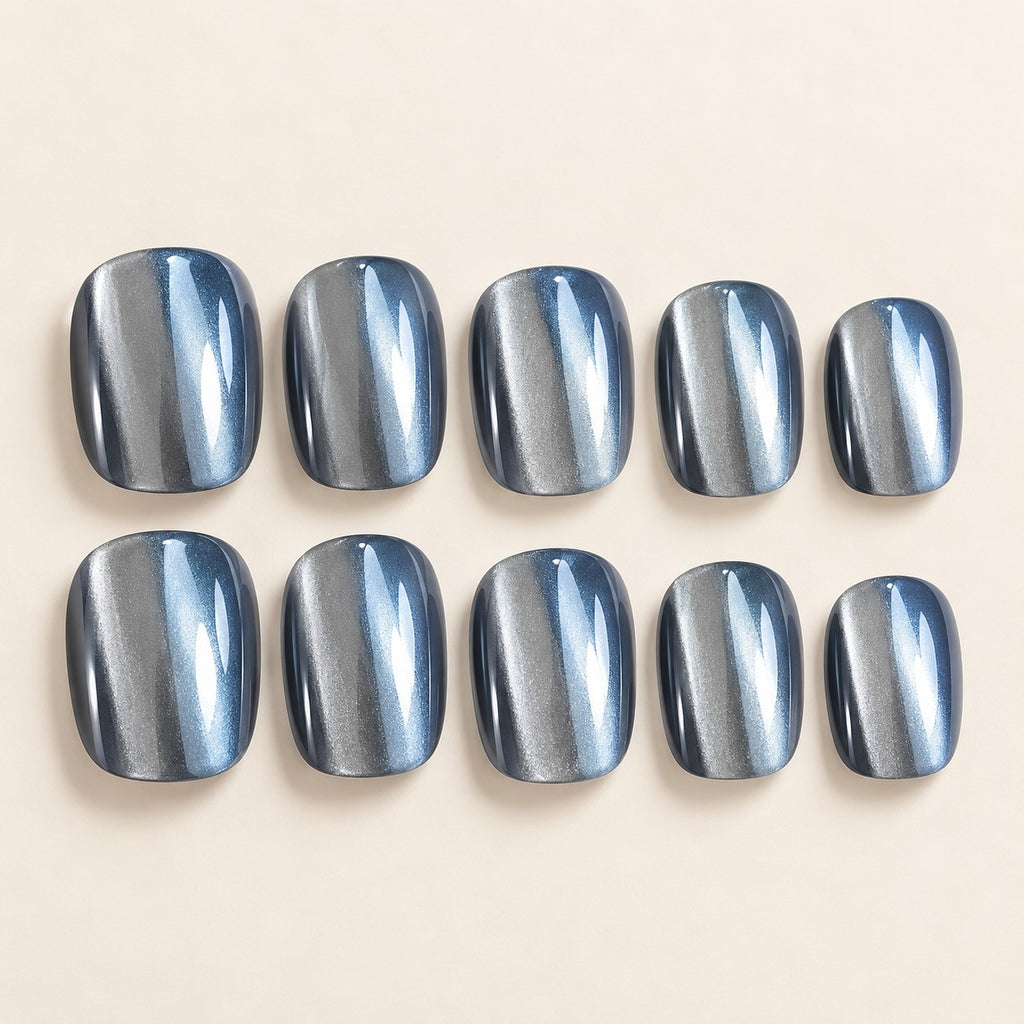 Glazed Smoky Blue Chrome Press-On Nails 30 pcs