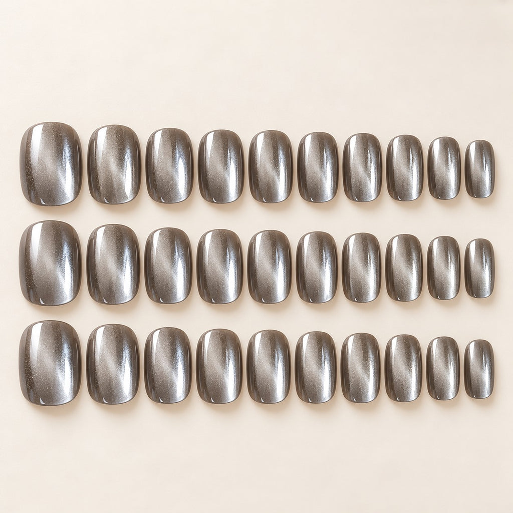 Glazed Smoky Grey Chrome Press-On Nails 30 pcs