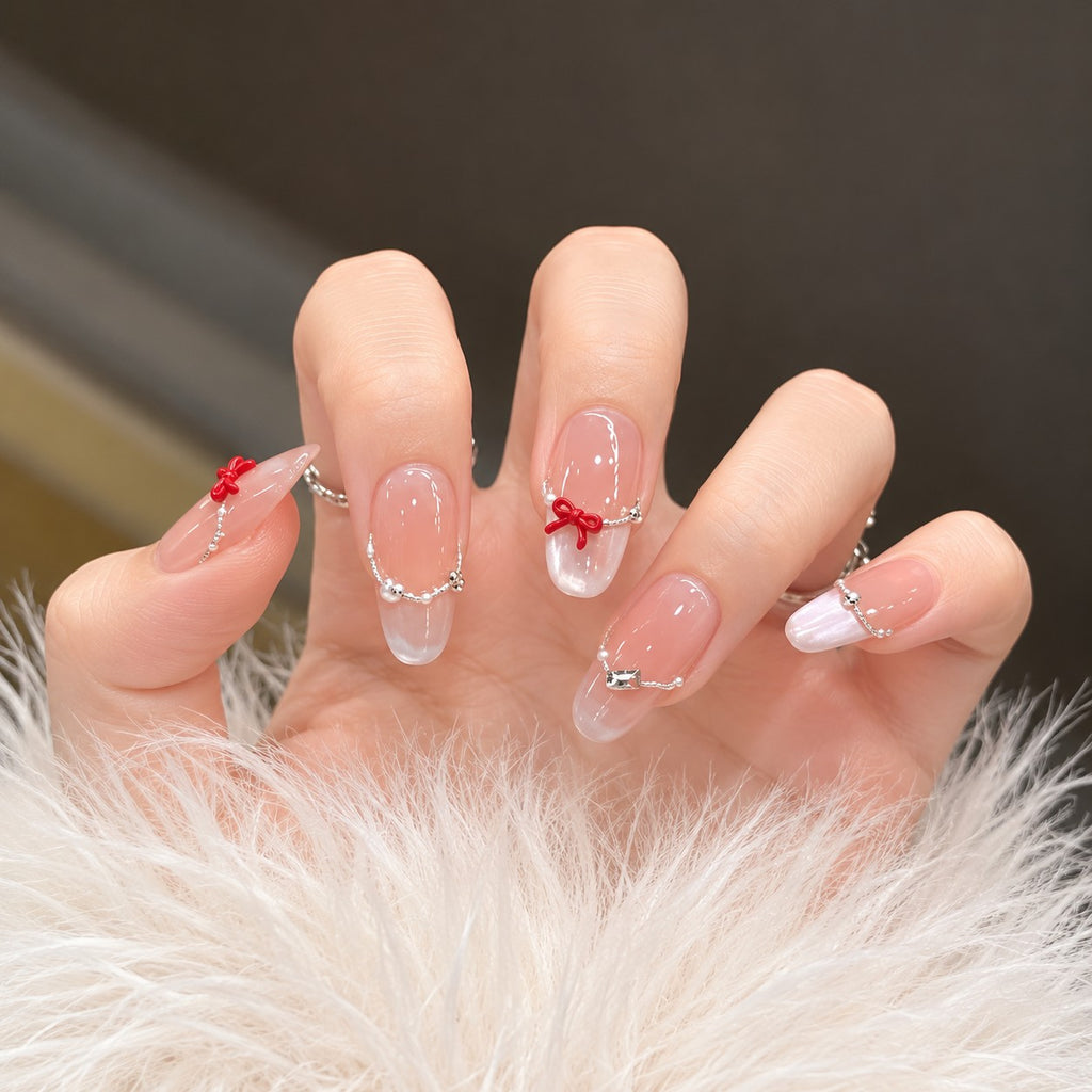 Hibiscus Valley Pink Jelly Red Bow 3D Floral Press-On Nails 10 pcs