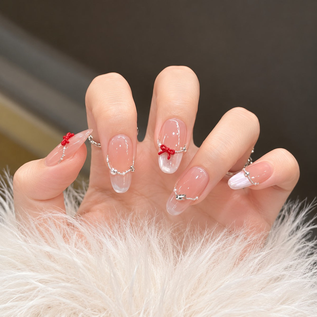 Hibiscus Valley Pink Jelly Red Bow 3D Floral Press-On Nails 10 pcs