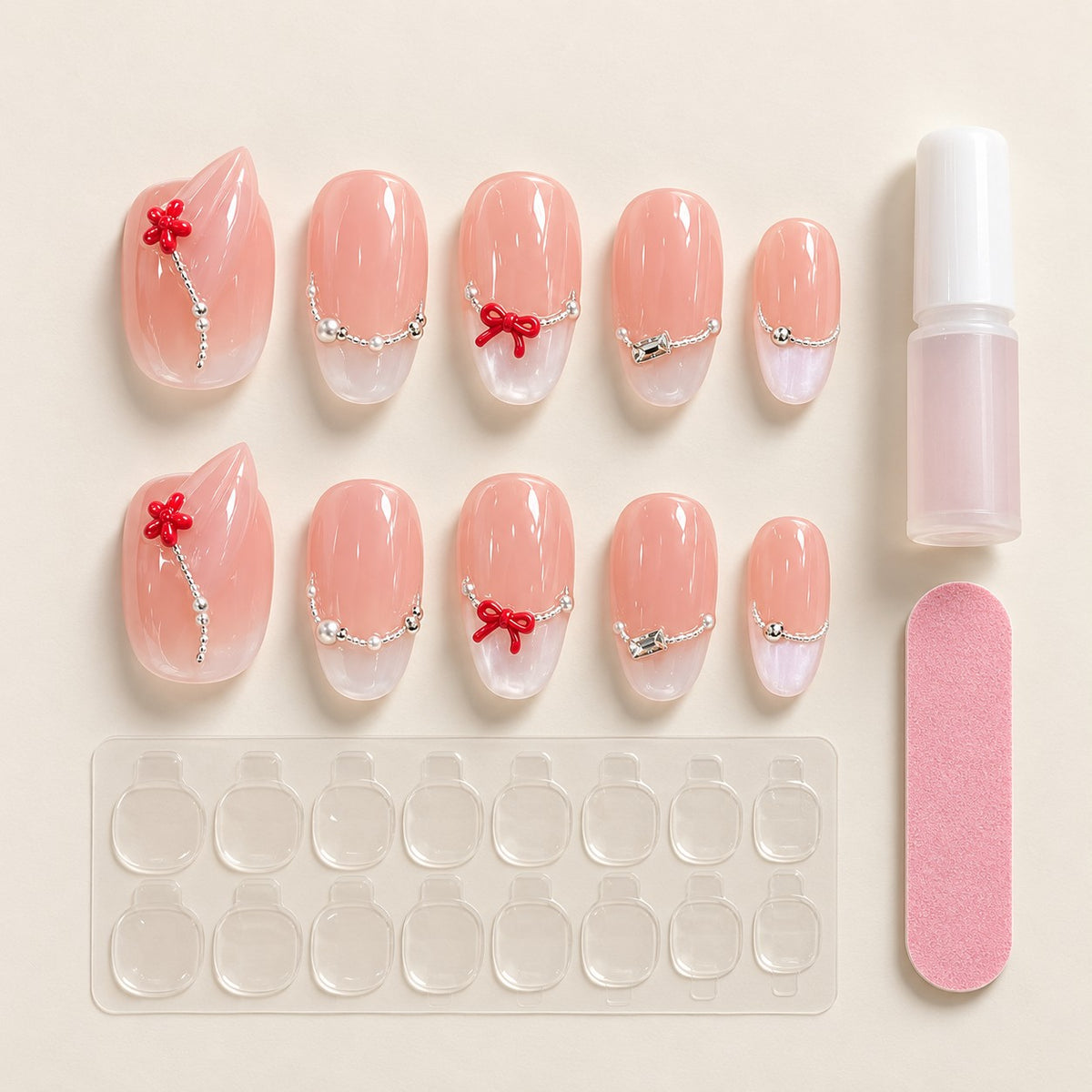 Hibiscus Valley Pink Jelly Red Bow 3D Floral Press-On Nails 10 pcs - view 3