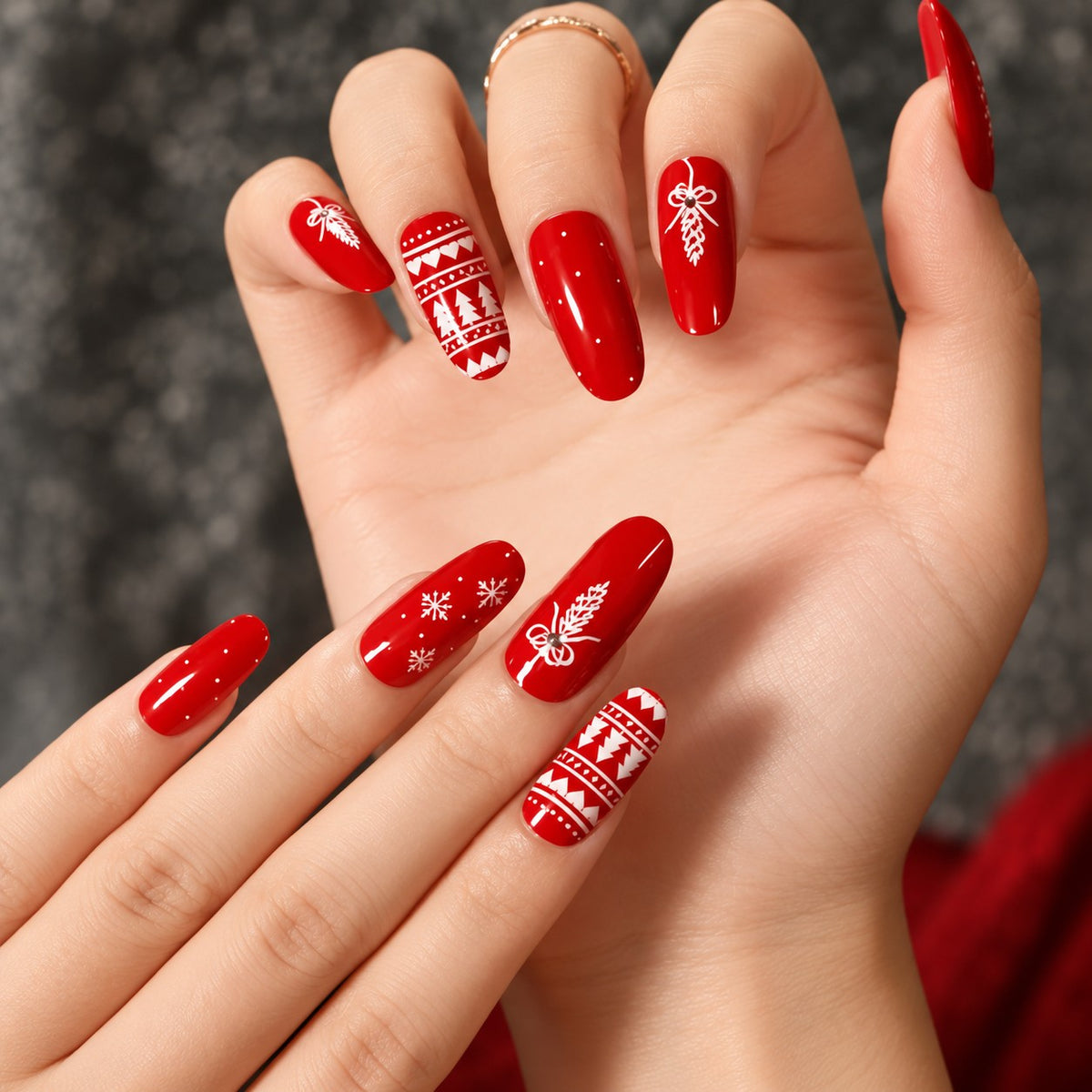 Long Coffin Red Christmas Snowflake Press-On Nails 24 pcs