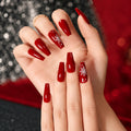 Long Coffin Red Snowflake Accents Glossy Press-On Nails 24 pcs