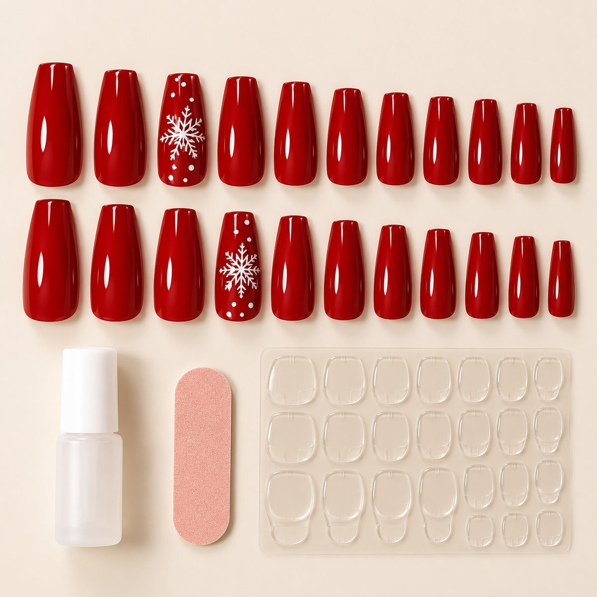 Long Coffin Red Snowflake Accents Glossy Press-On Nails 24 pcs - view 3