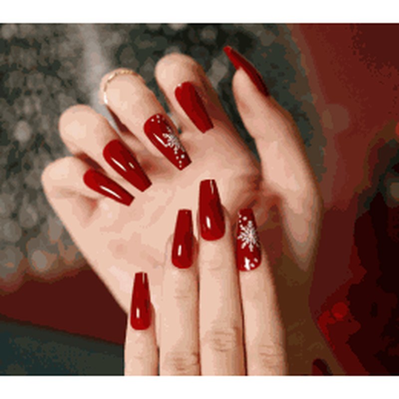 Long Coffin Red Snowflake Accents Glossy Press-On Nails 24 pcs - view 2