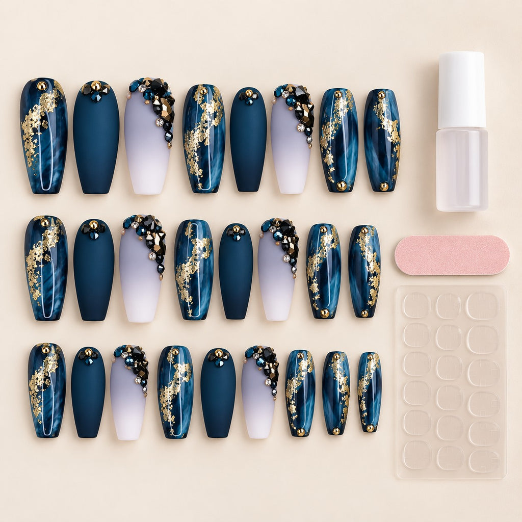 Luxe Blue Gold Foil 3D Matte Press-On Nails 24 pcs - view 3