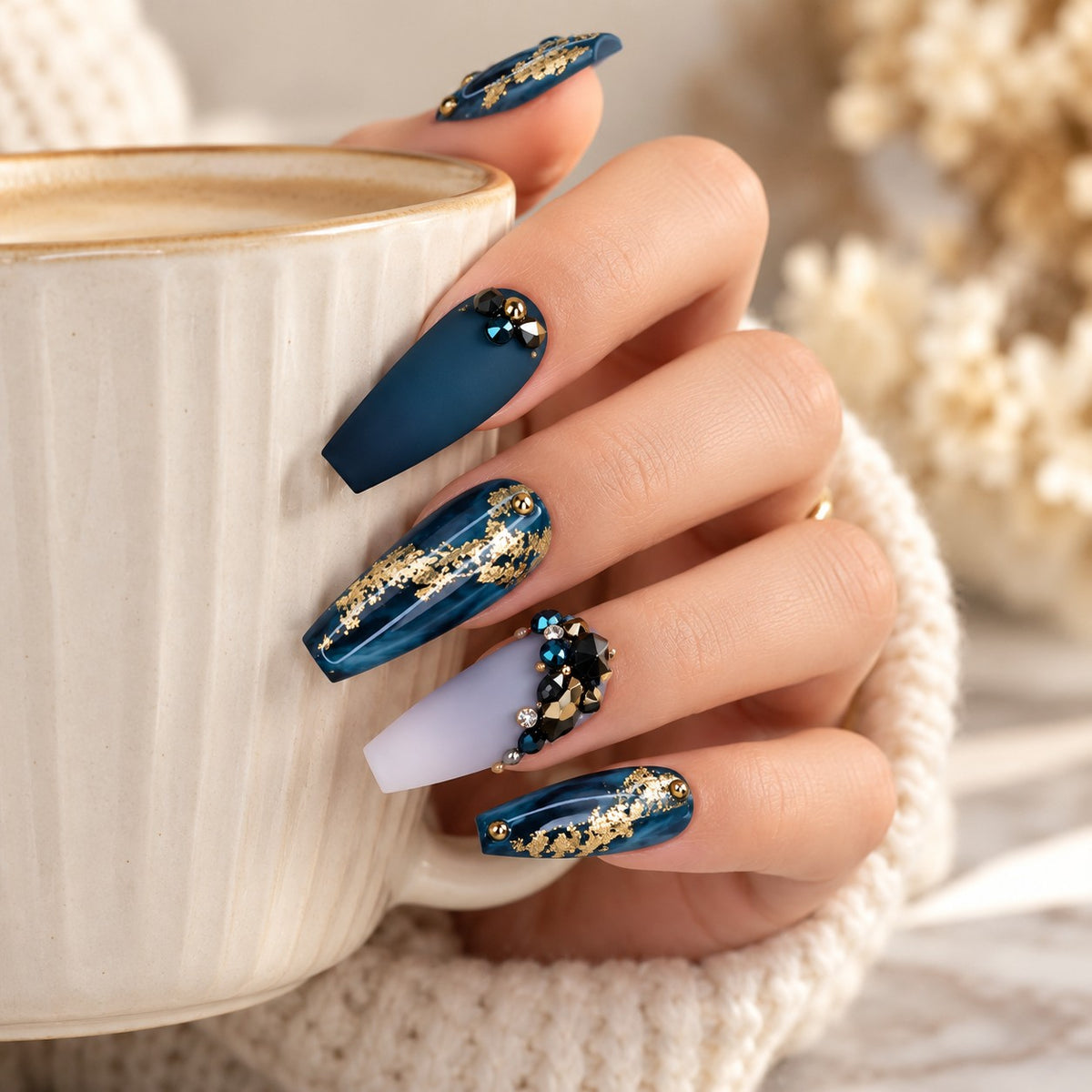 Luxe Blue Gold Foil 3D Matte Press-On Nails 24 pcs - view 4
