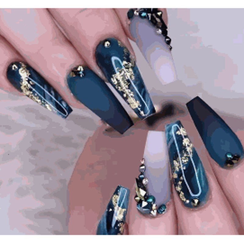 Luxe Blue Gold Foil 3D Matte Press-On Nails 24 pcs - view 2