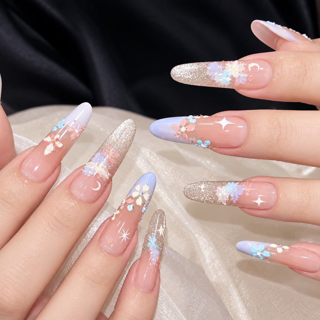 Monet Garden Long Coffin Lavender Mix 3D Glitter Press-On Nails 10 pcs