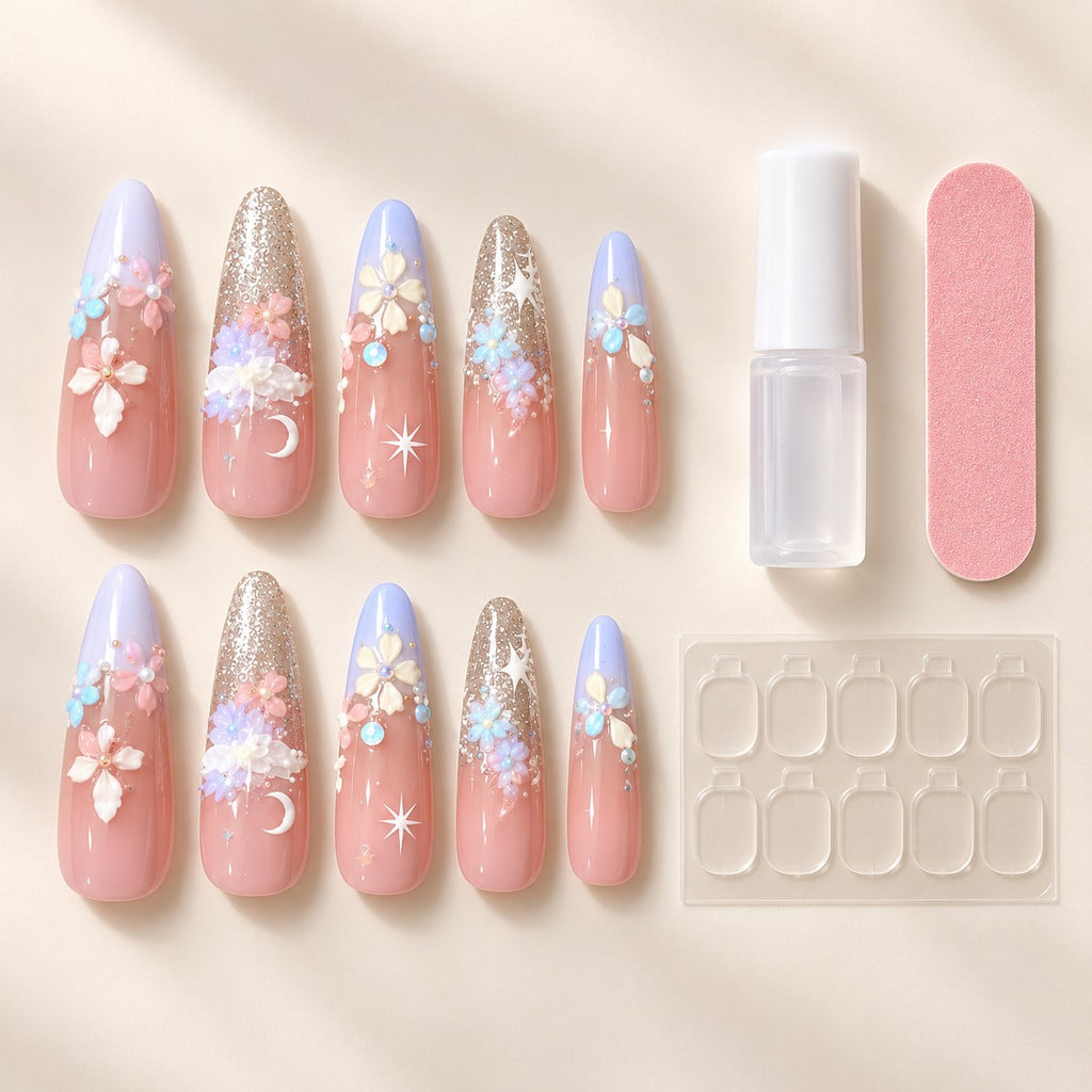 Monet Garden Long Coffin Lavender Mix 3D Glitter Press-On Nails 10 pcs - view 3