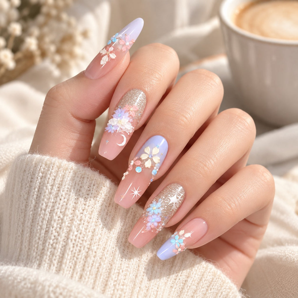 Monet Garden Long Coffin Lavender Mix 3D Glitter Press-On Nails 10 pcs - view 4