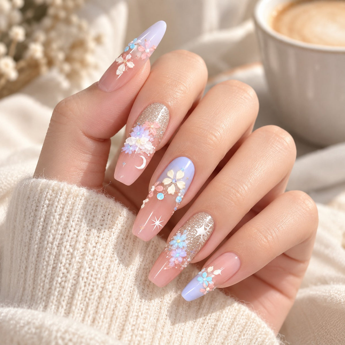 Monet Garden Long Coffin Lavender Mix 3D Glitter Press-On Nails 10 pcs - view 4