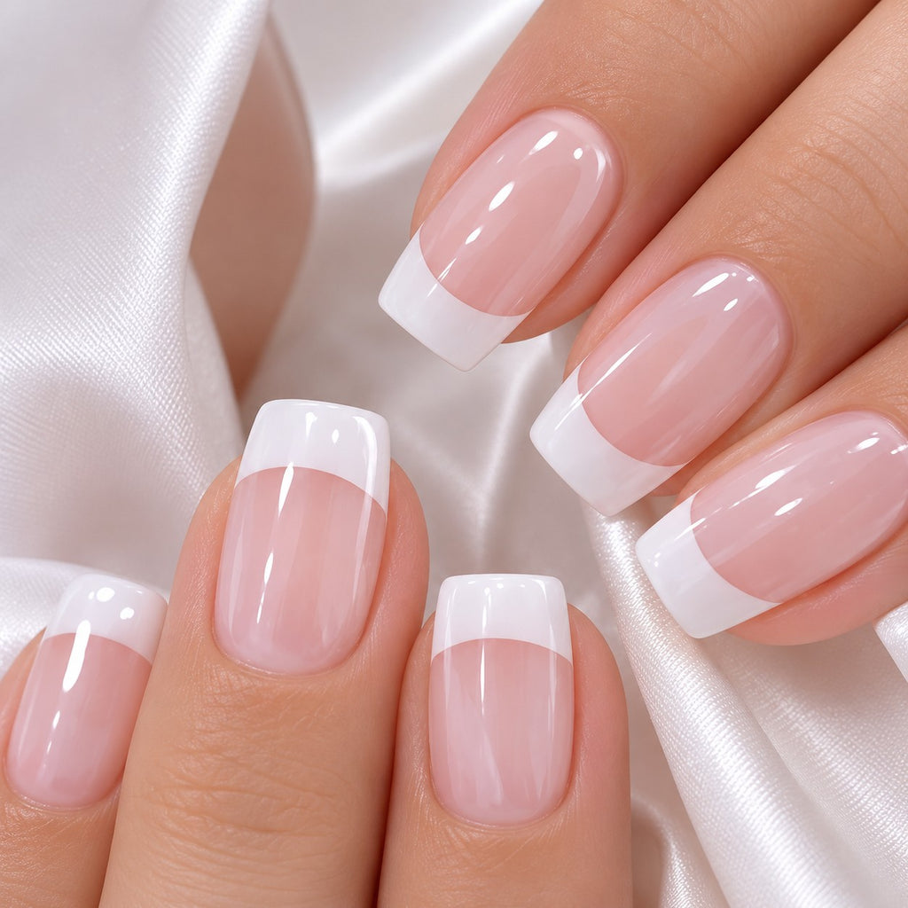 Pink-White French Medium Square Glossy Press-On Nails 24 pcs