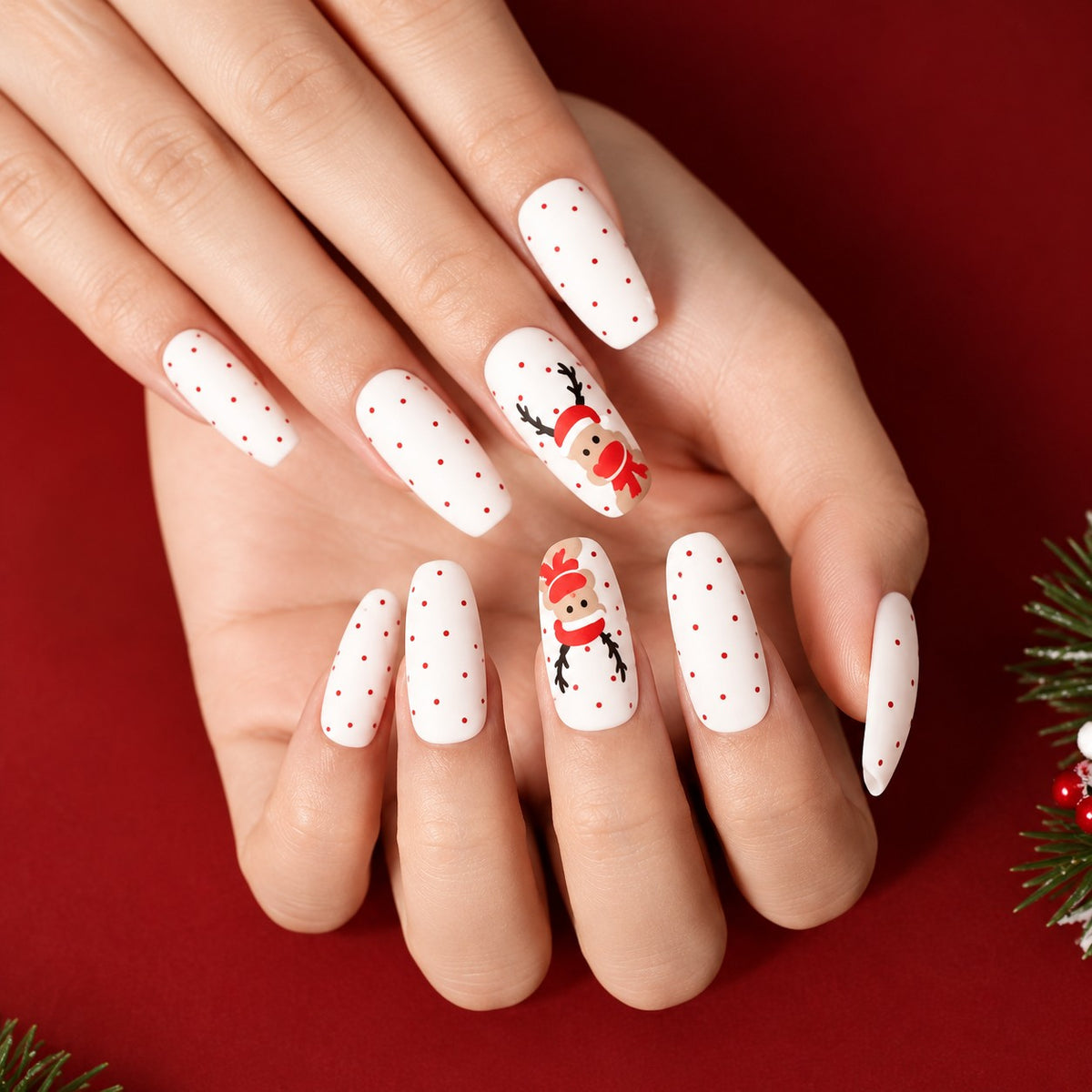 Snowy Reindeer Long Coffin Matte Press-On Nails 24 pcs