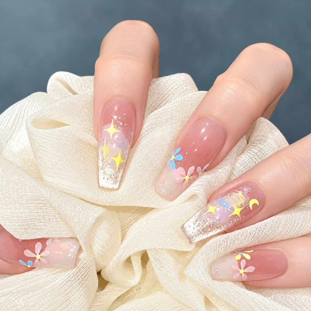 Spring Oil Painting Long Coffin Pink-Yellow 3D Glitter Press-On Nails 10 pcs