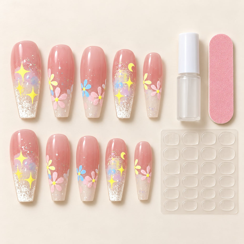 Spring Oil Painting Long Coffin Pink-Yellow 3D Glitter Press-On Nails 10 pcs - view 3