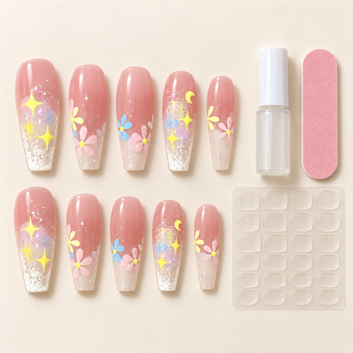 Spring Oil Painting Long Coffin Pink-Yellow 3D Glitter Press-On Nails 10 pcs - view 3