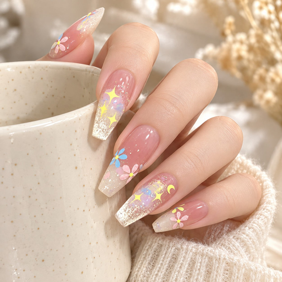 Spring Oil Painting Long Coffin Pink-Yellow 3D Glitter Press-On Nails 10 pcs - view 4