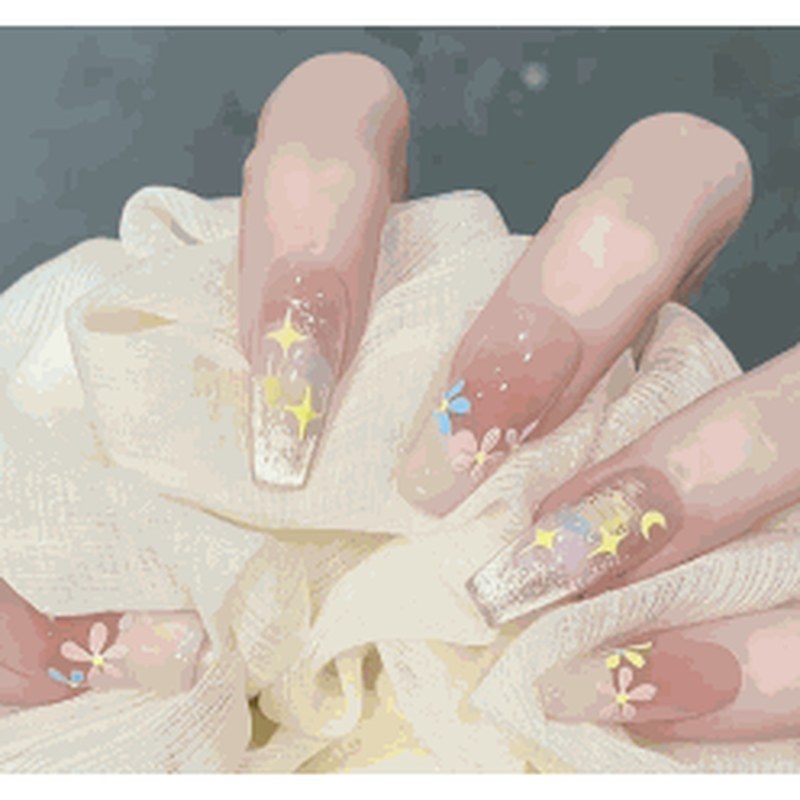 Spring Oil Painting Long Coffin Pink-Yellow 3D Glitter Press-On Nails 10 pcs - view 2