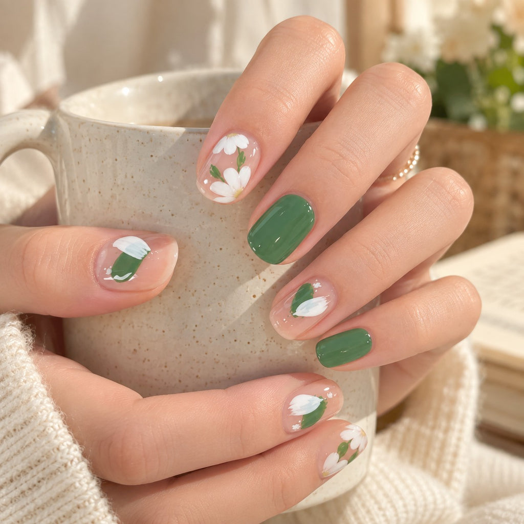 Summer Breeze Green-White Jelly Floral Press-On Nails 24 pcs - view 4